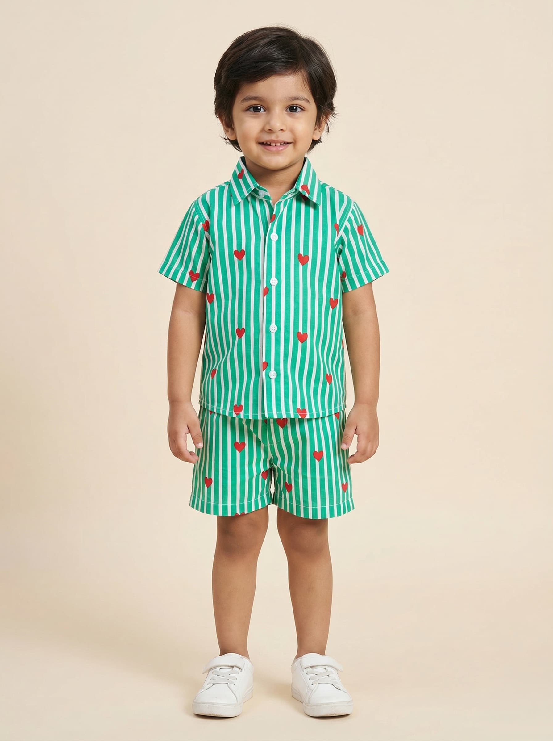Green white strips heart print coord set