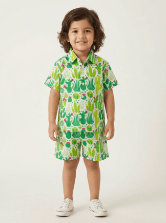 Green white cactus print coord set