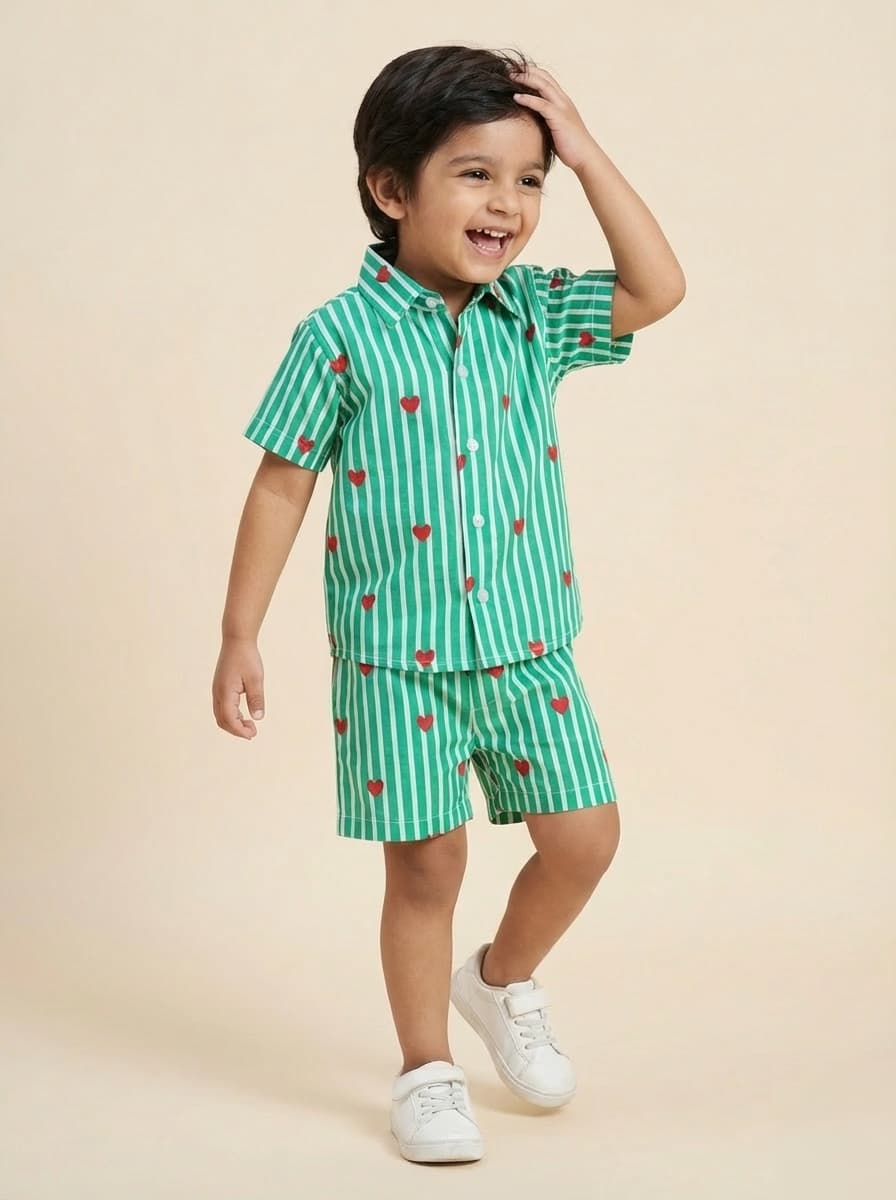 Green white strips heart print coord set - Image 2