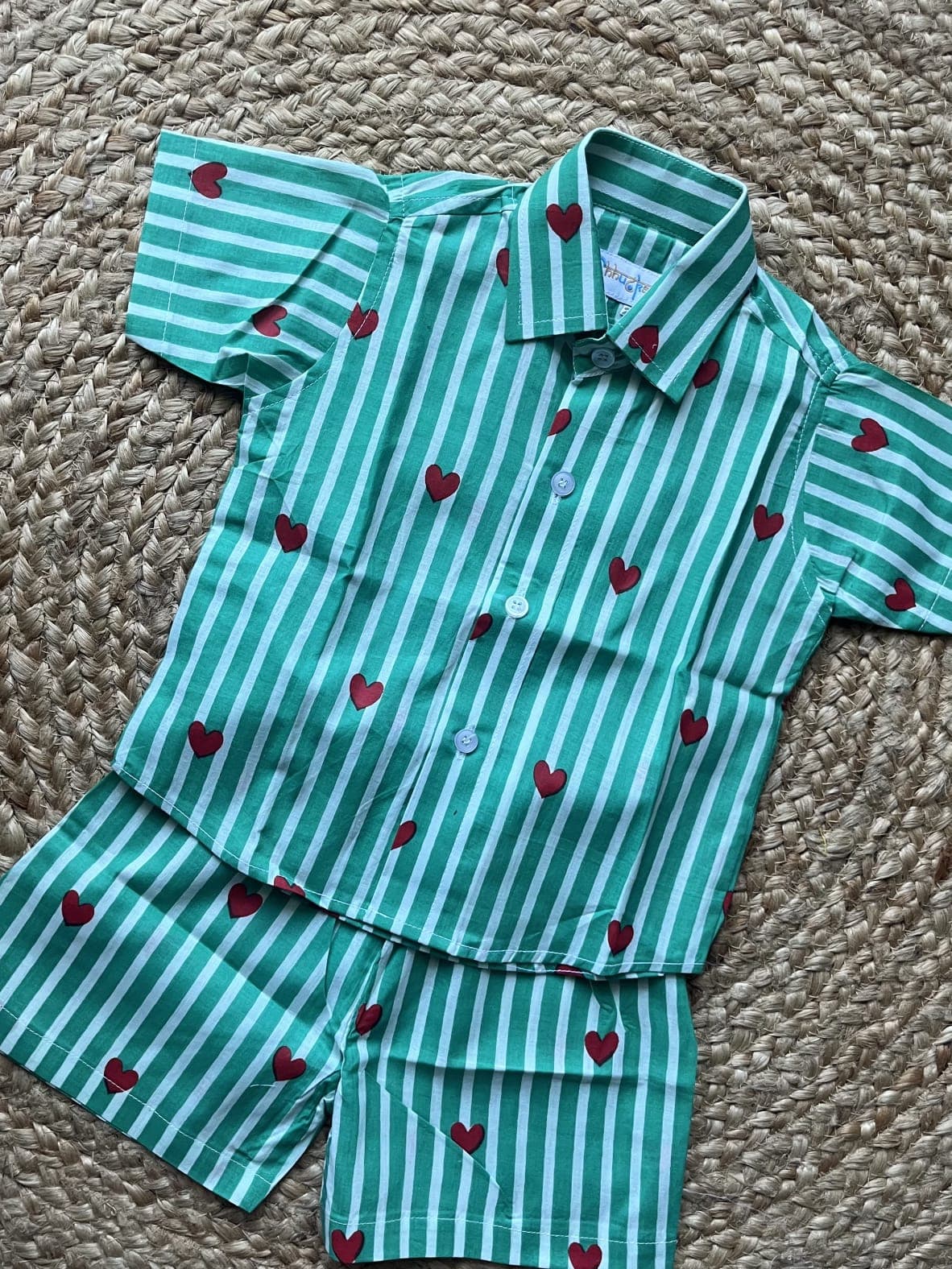 Green white strips heart print coord set - Image 3