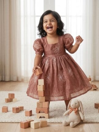 Brown Mul chanderi Flower embroided frock