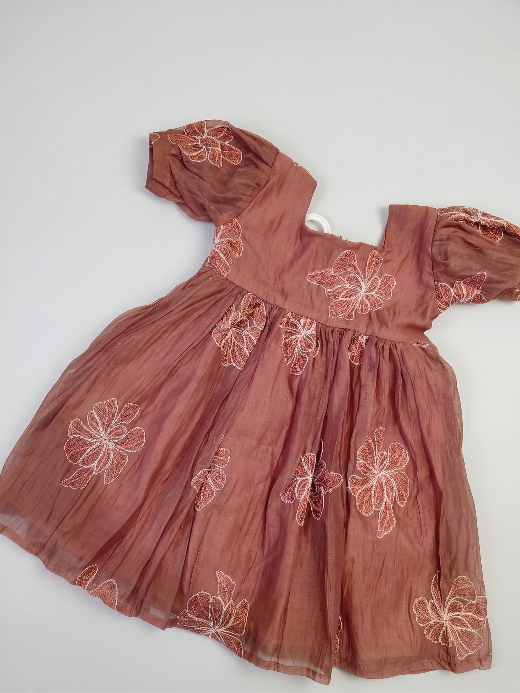 Brown Mul chanderi Flower embroided frock - Image 3