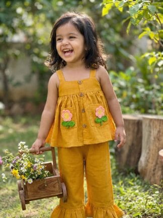 Mustard meadow two piece with crochet flowers