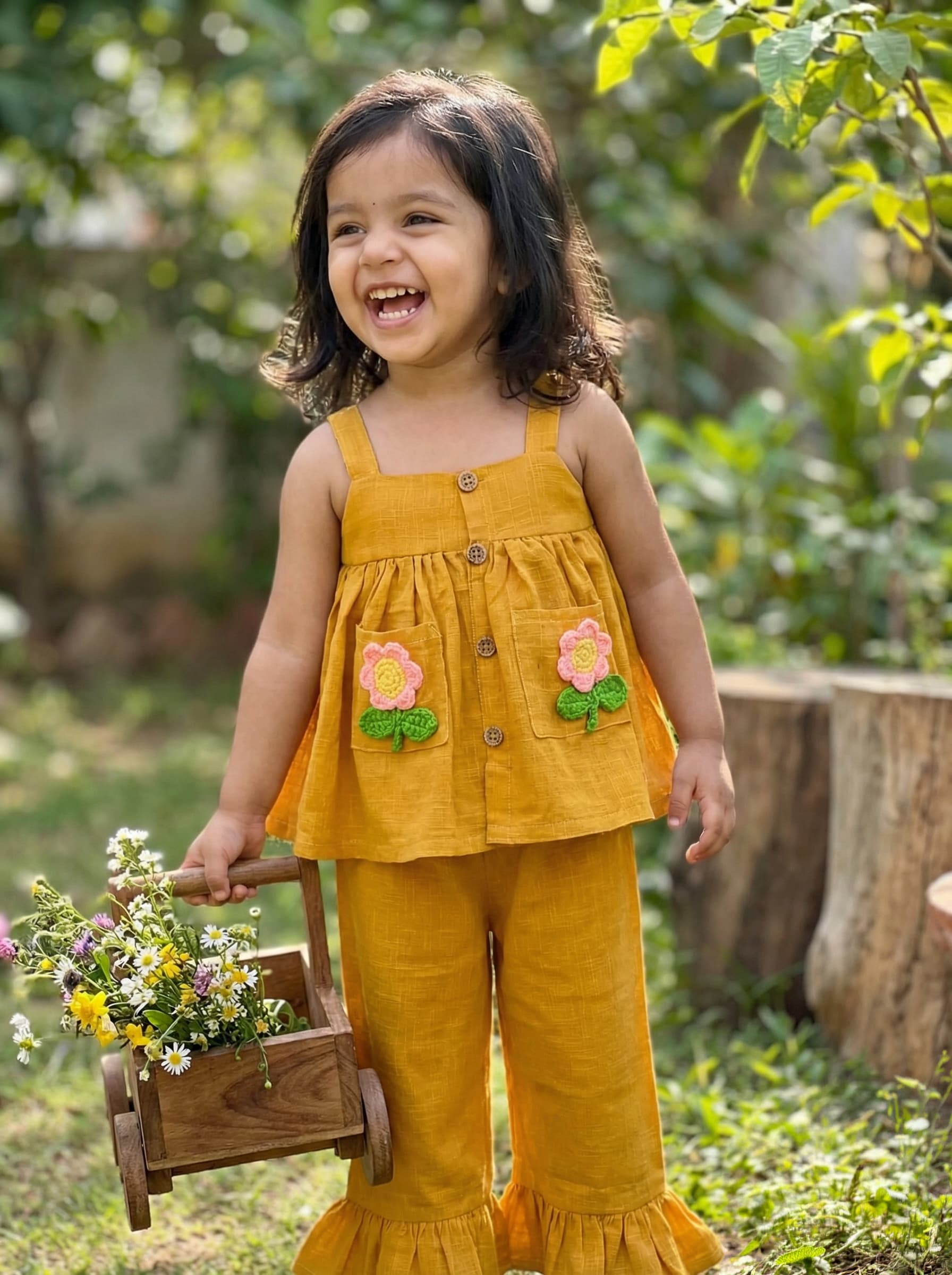 Mustard meadow two piece with crochet flowers