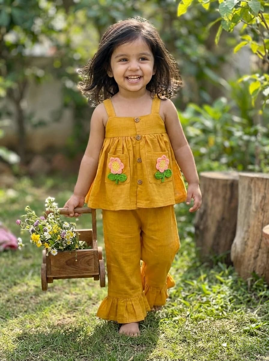 Mustard meadow two piece with crochet flowers - Image 2