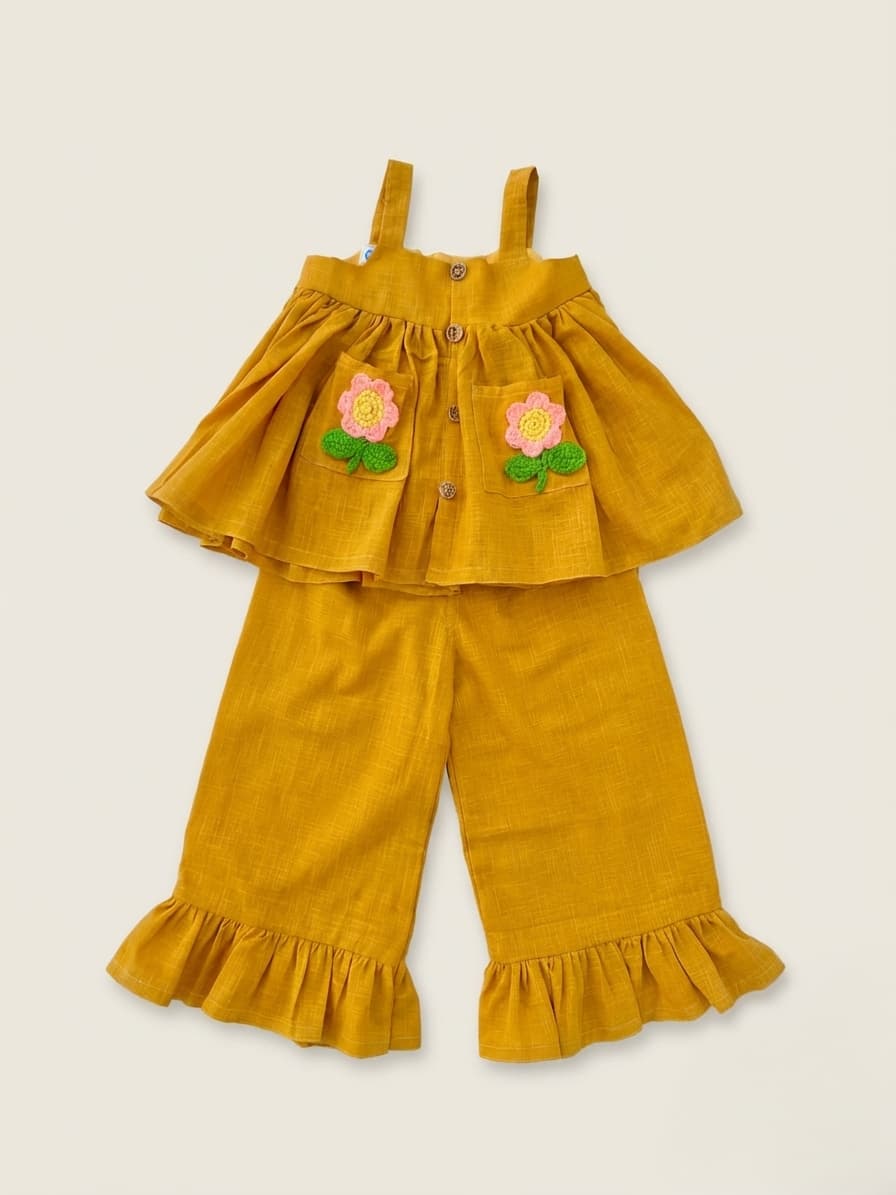 Mustard meadow two piece with crochet flowers - Image 3