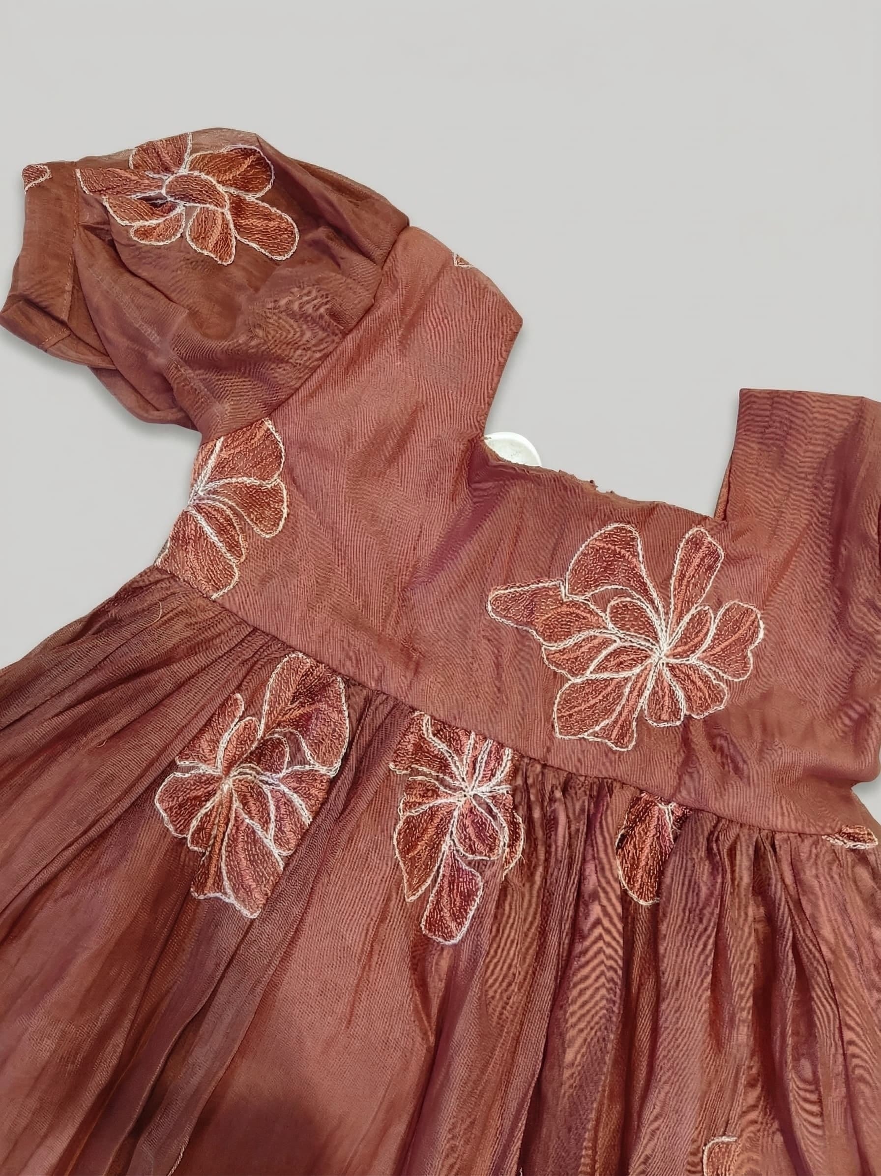 Brown Mul chanderi Flower embroided frock - Image 4