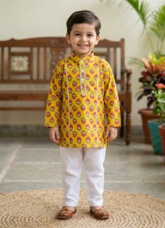 Yellow kurta with pink flowers
