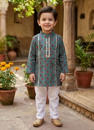 Green cherry blossom kurta pyjama set