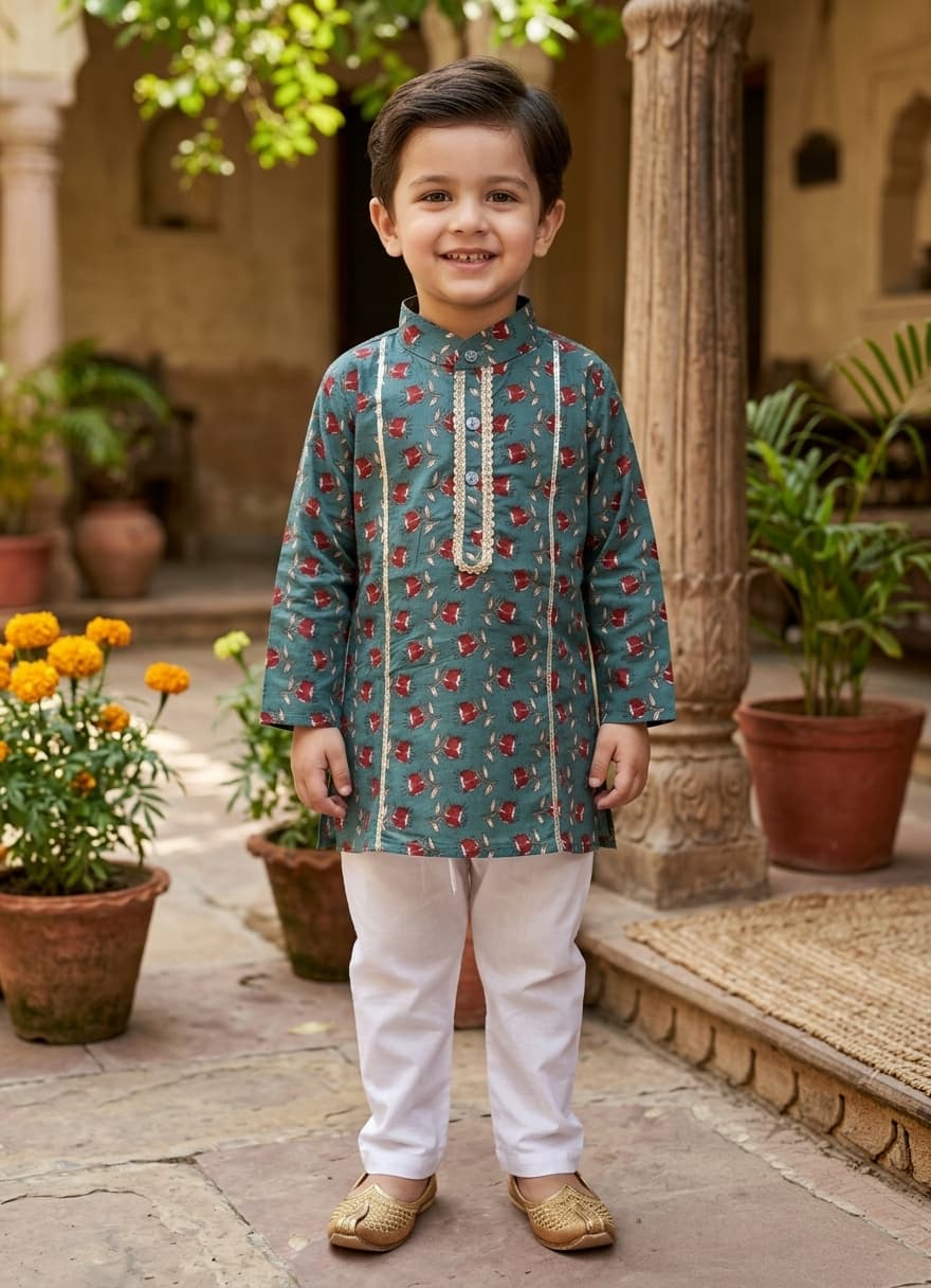 Green cherry blossom kurta pyjama set