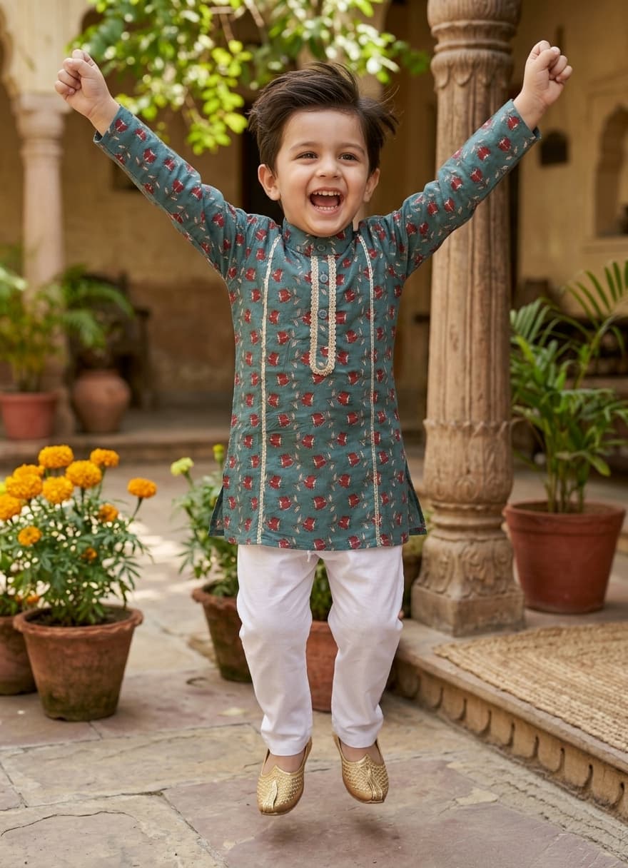 Green cherry blossom kurta pyjama set - Image 2