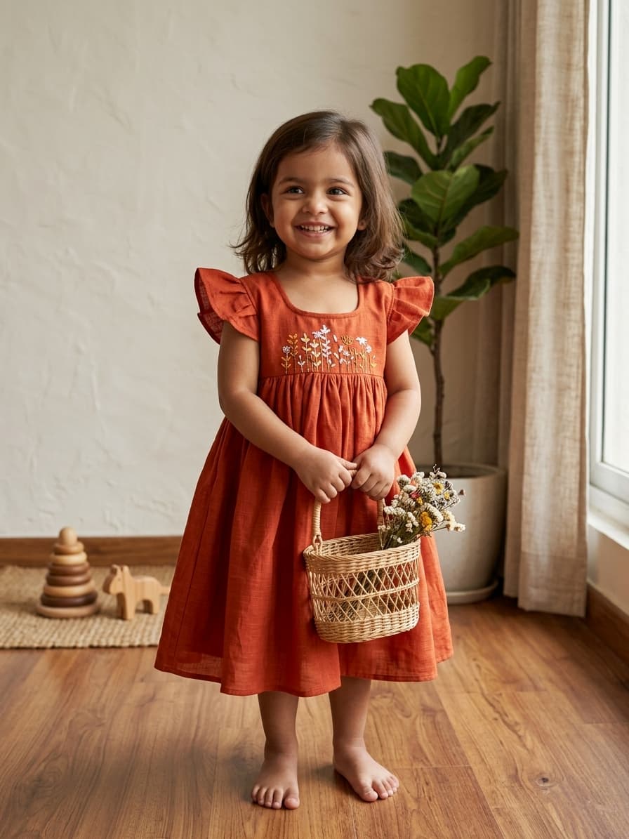 Orange rust embroidered frock