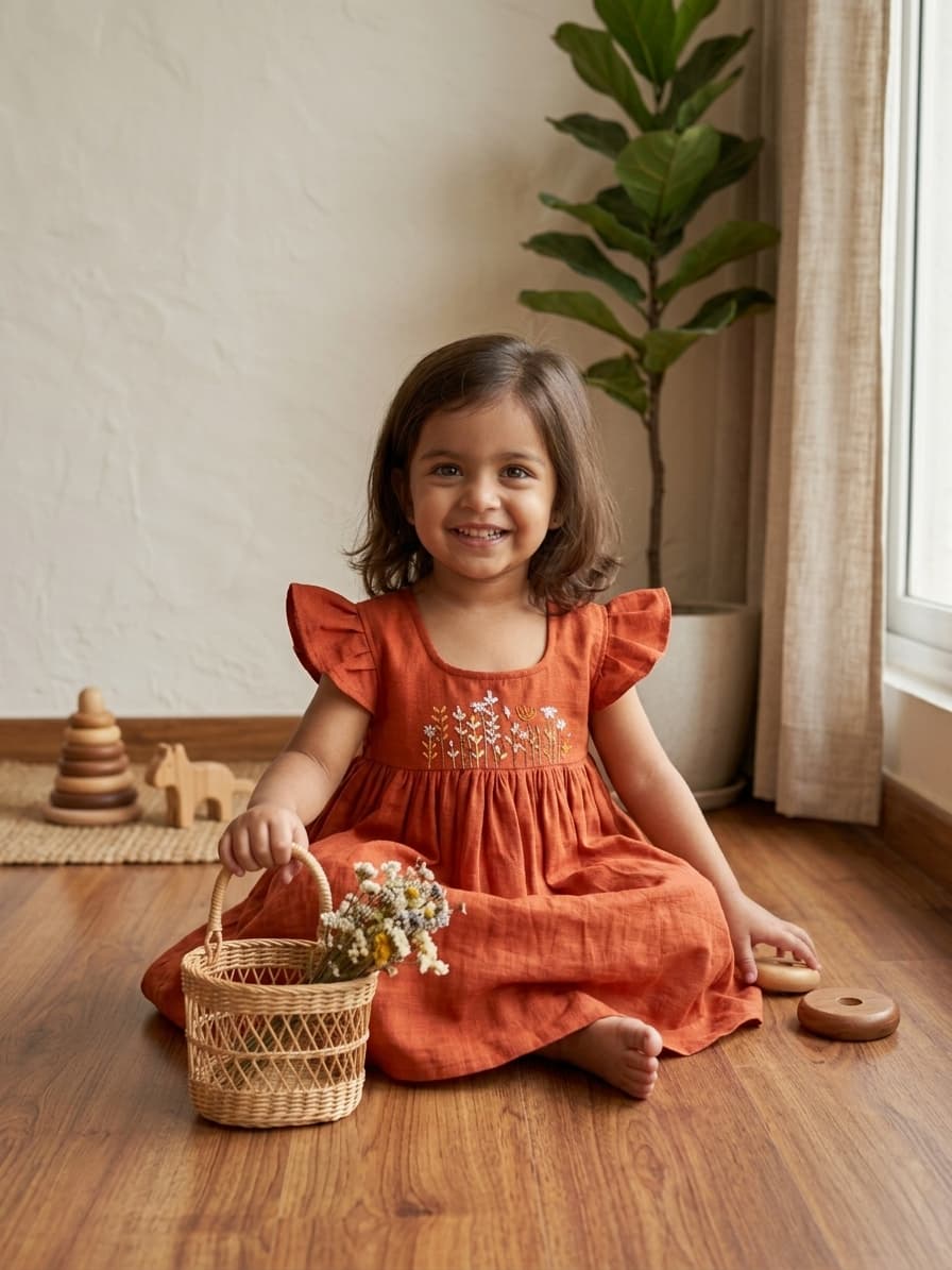 Orange rust embroidered frock - Image 2