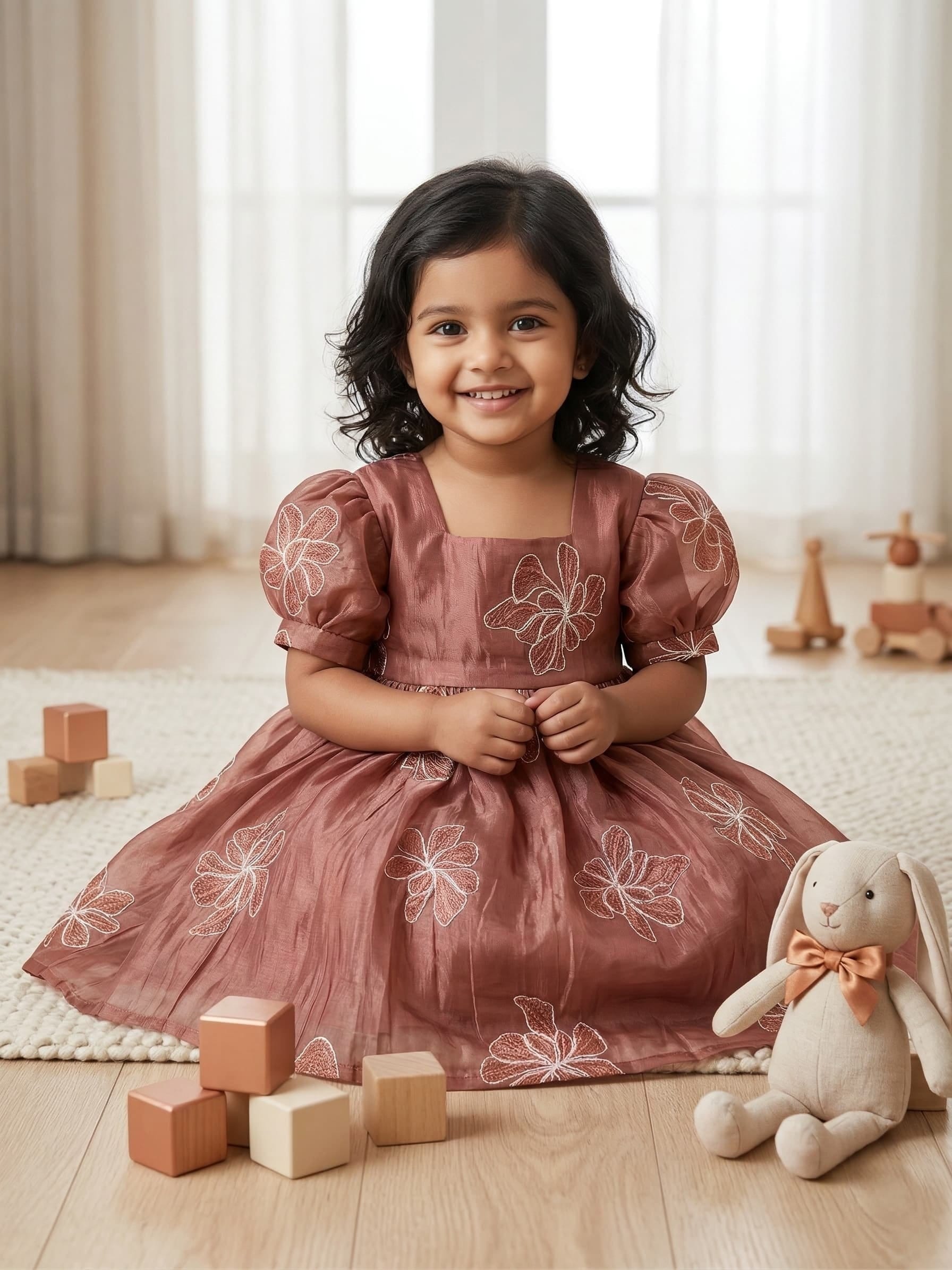 Brown Mul chanderi Flower embroided frock - Image 2