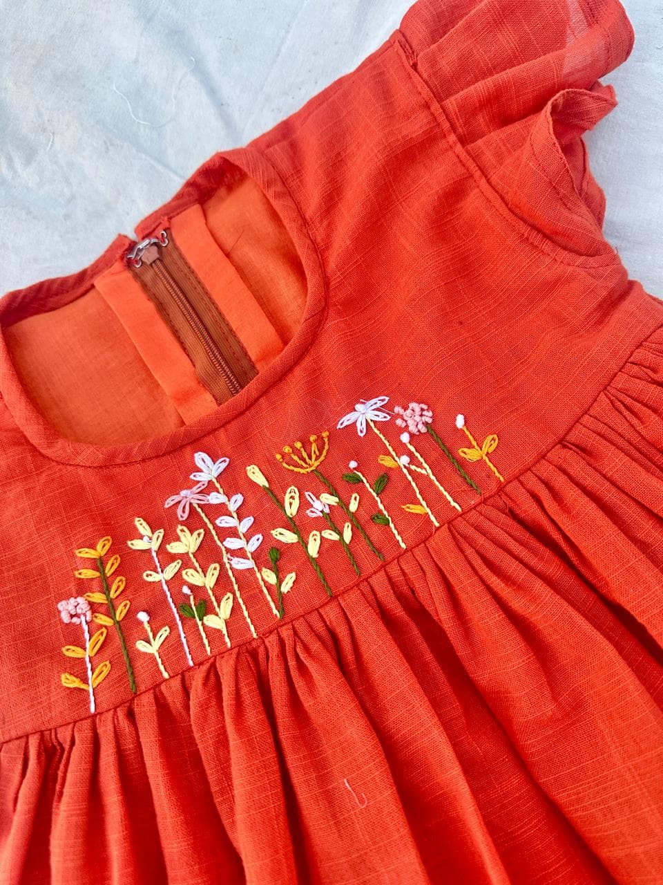 Orange rust embroidered frock - Image 4