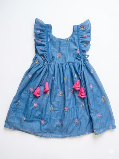 Blue mul chanderi embroidered frock - Image 3