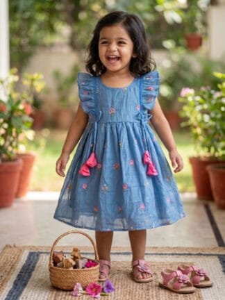 Blue mul chanderi embroidered frock