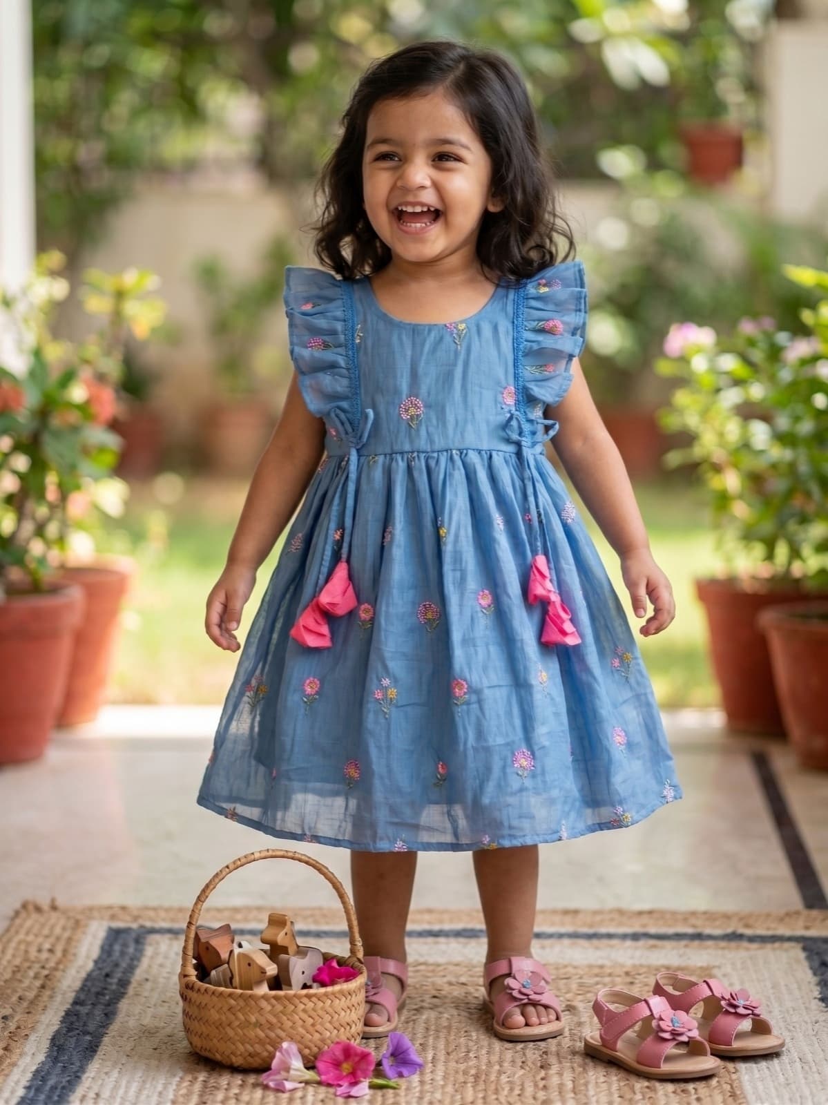 Blue mul chanderi embroidered frock