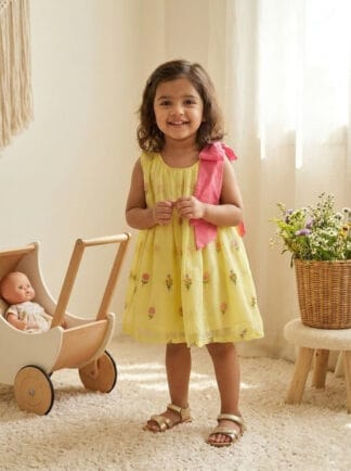 Yellow mul chanderi embroidered frock