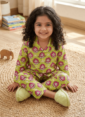 Pink green lion print night suit