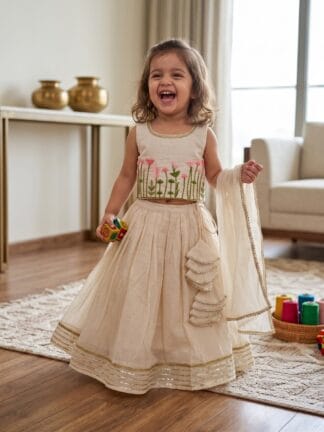 Cream and pink floral embroidered lehenga set