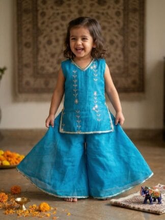 Blue floral embroidered sharara set