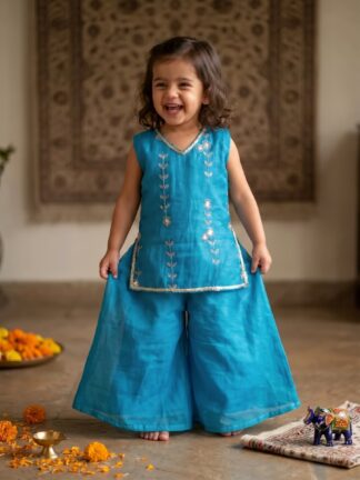 Blue floral embroidered sharara set