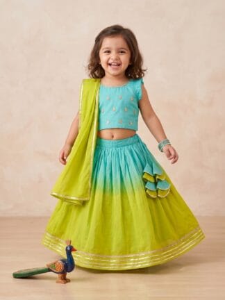 Blue lime ombre lehenga set with patch work