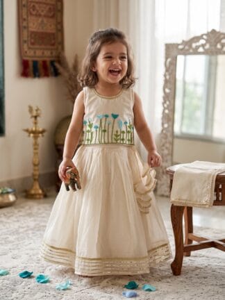 Cream and blue floral embroidered lehenga set