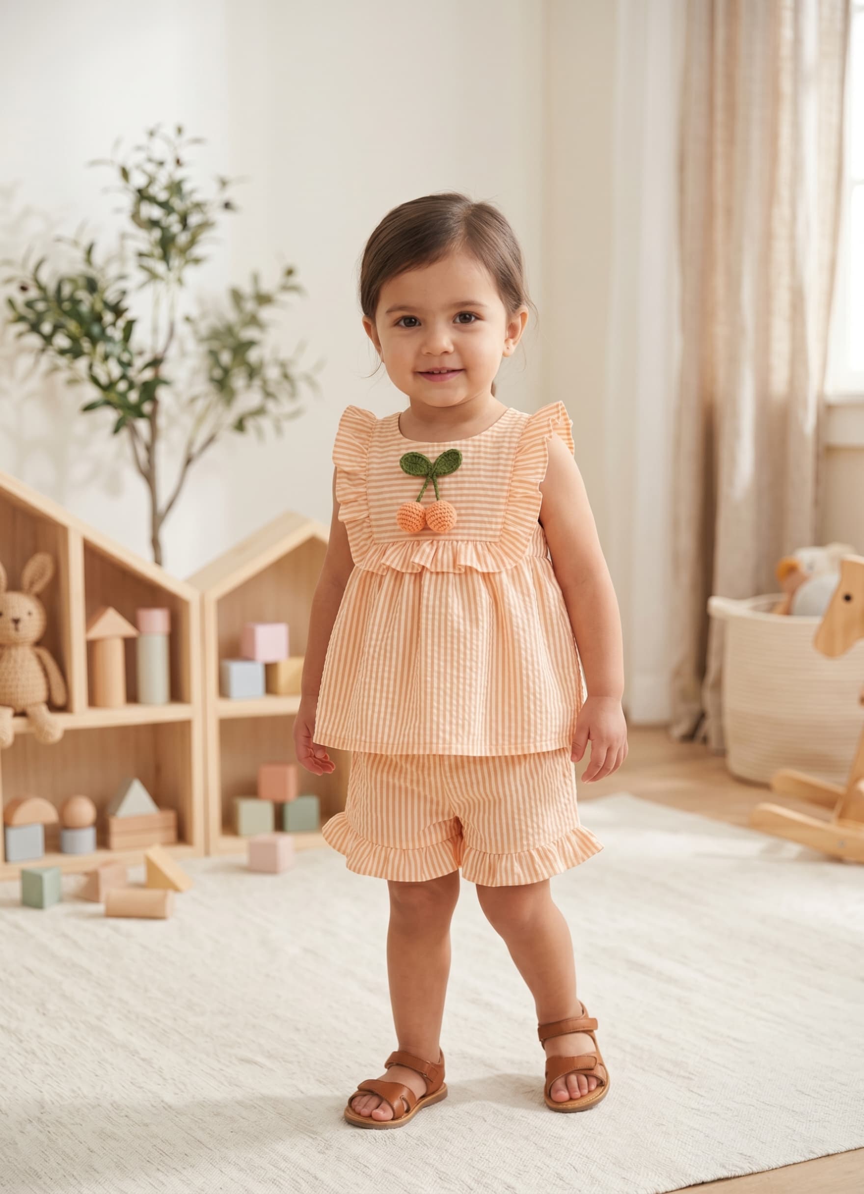 Soft peach cherry short set