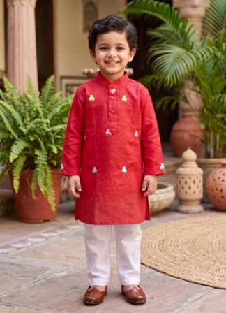 Red embroidered ethnic kurta pyjama set