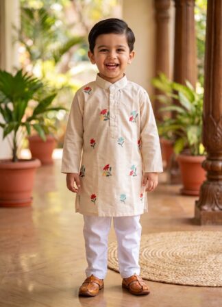 Cream floral embroidered kurta pyjama set