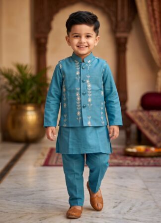 Blue floral embroidered floral kurta pyjama koti set