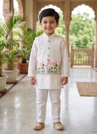 Cream and pink floral embroidered kurta pyjama koti set