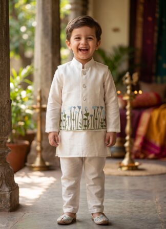 Cream and blue floral embroidered kurta pyjama koti set