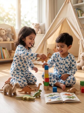 White blue dinosaur print night suit