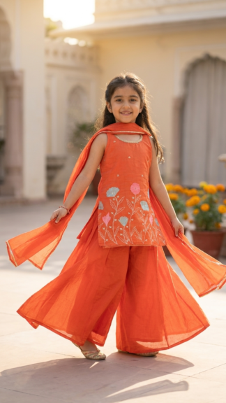 Orange blossom embroidered ethnic plazo set