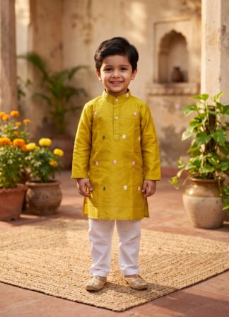 Yellow embroidered ethnic kurta pyjama set