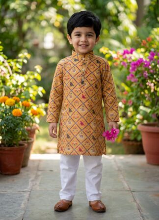 Yellow patola printed festive silk kurta pyjama set