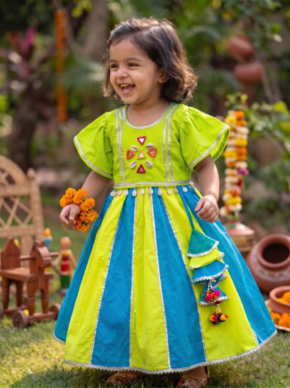 Teal blue and yellow kali lehenga with umberalla sleeves blouse