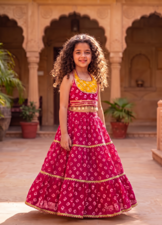 pink and yellow lehenga with backless dori blouse