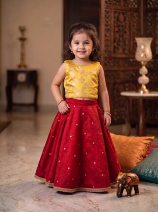 red lehenga with yellow zari pattern blouse