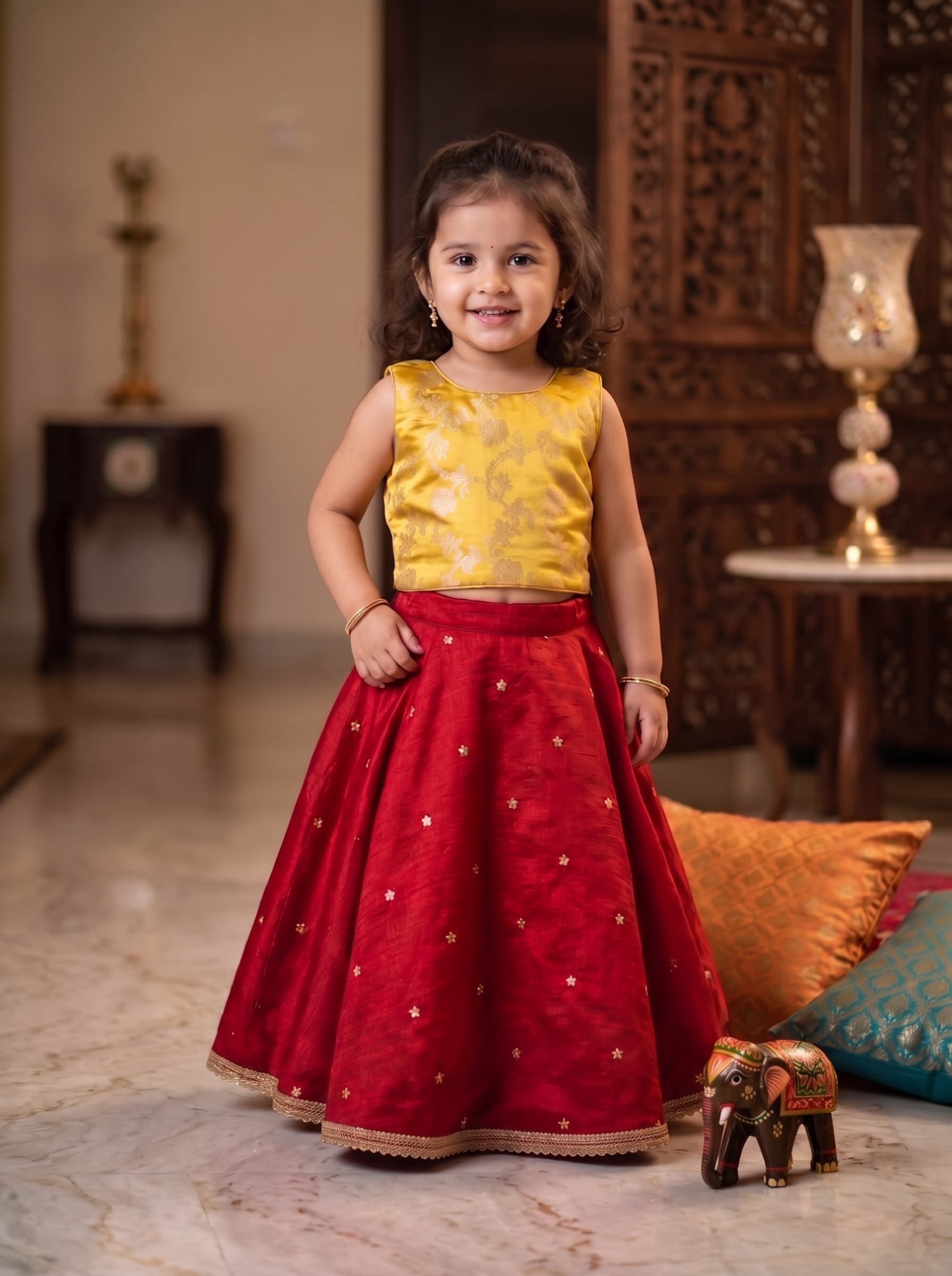 red lehenga with yellow zari pattern blouse