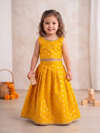 Yellow chinnon lehenga with zari blouse