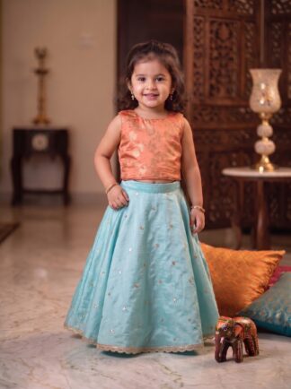 sky blue lehenga with pink zari pattern blouse