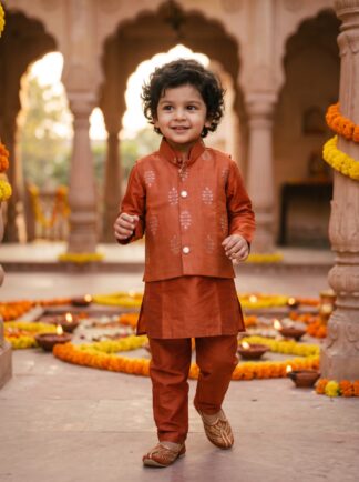 Rust orange zari work festive kurta pyjama koti set