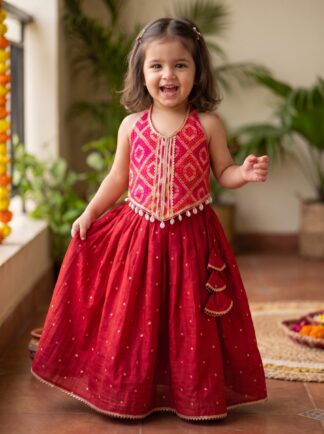 Red embrace chanderi lehanga with backless blouse