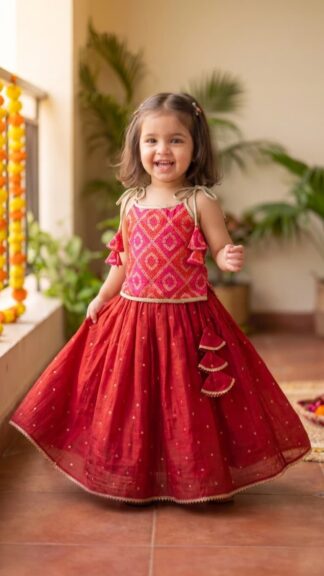 Red chanderi lehanga with dori pattern blouse