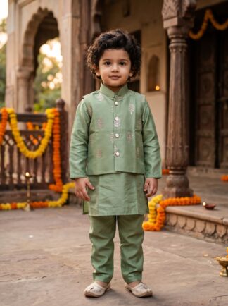 Green zari work festive kurta pyjama koti set