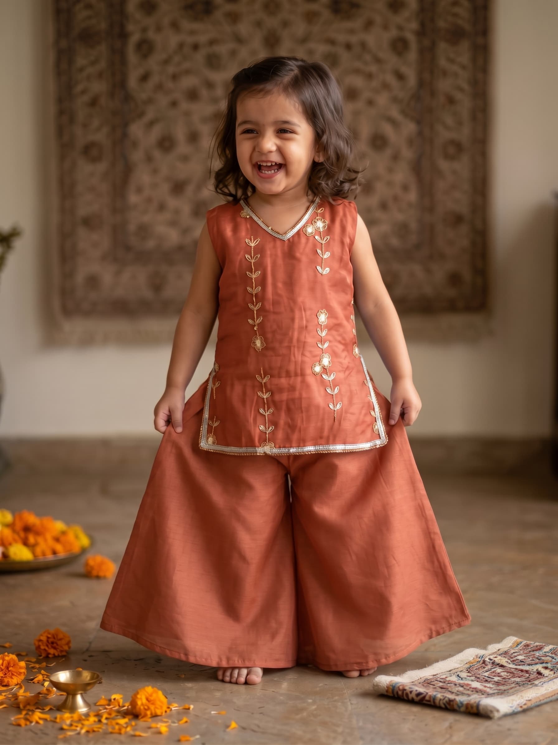 Earthy orange embroidered sharara set